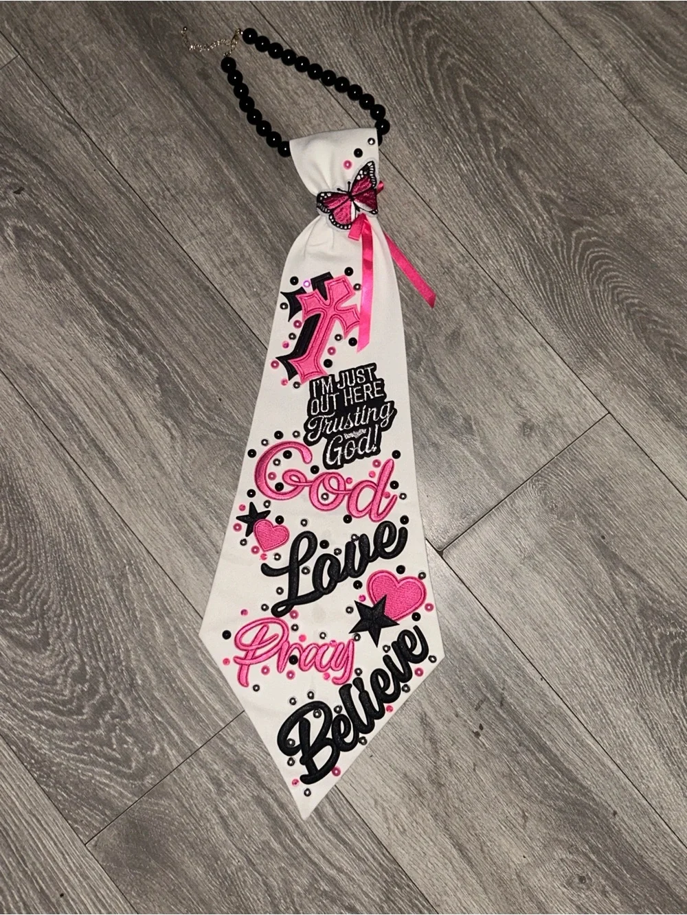 XXL Upcycled Crisp White Denim Faith Embellished Necktie